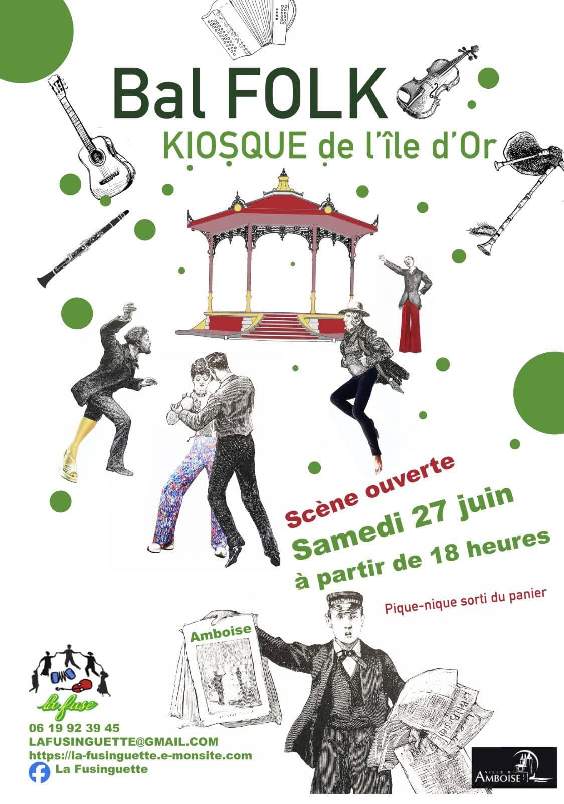 Affiche du Bal Folk au kiosque de l'Île d'Or à Amboise le 27 juin 2026