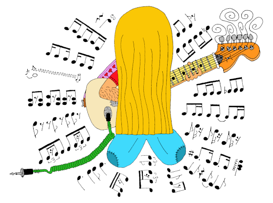 Dessin d'un guitariste aux cheveux blonds et longs qui joue de la guitare électrique, avec plein de notes tout autour de lui